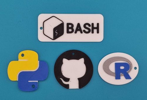 3d printed keyrings made from Bash, Python Foundation, GitHub, and R logos